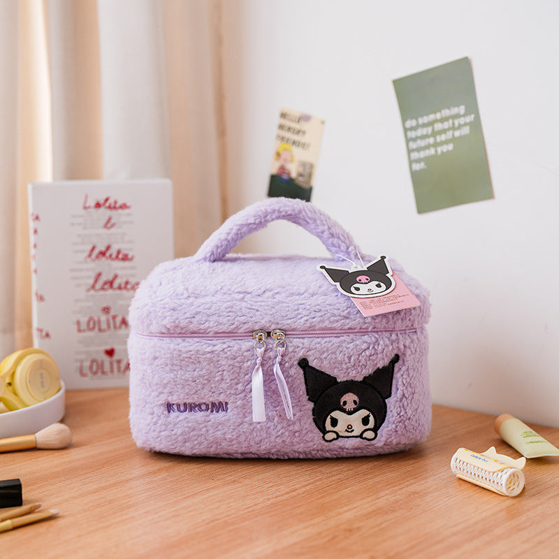 大容量 ふわもこ 刺繍 持ち手付き 化粧ポーチ C-554