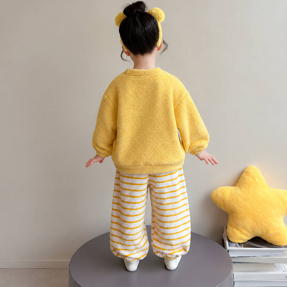 二点セット ふわふわ ルームウェア あったか トップス+ボーダー パンツ セットアップ n-454