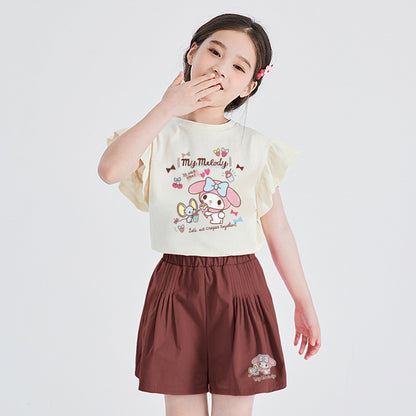 フリル袖 柔らか生地 カジュアル Tシャツ+ショートパンツ セットアップ n-141