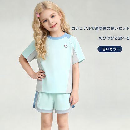 接触冷感 スポーツ 配色 トップス+ショートパンツ セットアップ n-180
