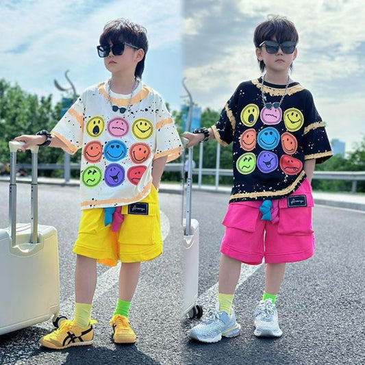 個性派 スマイル顔 Tシャツ+五分丈 ショーツ セットアップ n-168