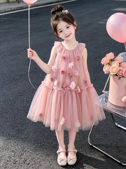 ふんわり多層チュール フリル 花飾り ワンピース  n-160