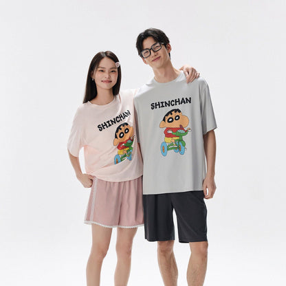 【カップル】プリント ペア 半袖 パジャマ Tシャツ+ハーフパンツ セットアップ C-50008