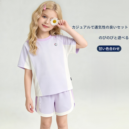 接触冷感 スポーツ 配色 トップス+ショートパンツ セットアップ n-180
