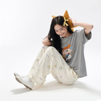 肌触りよい プリント パジャマ トップス+ロングパンツ セットアップ C-50013