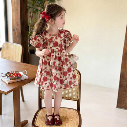 バラ柄 パフスリーブ 女の子夏用 ワンピース n-285