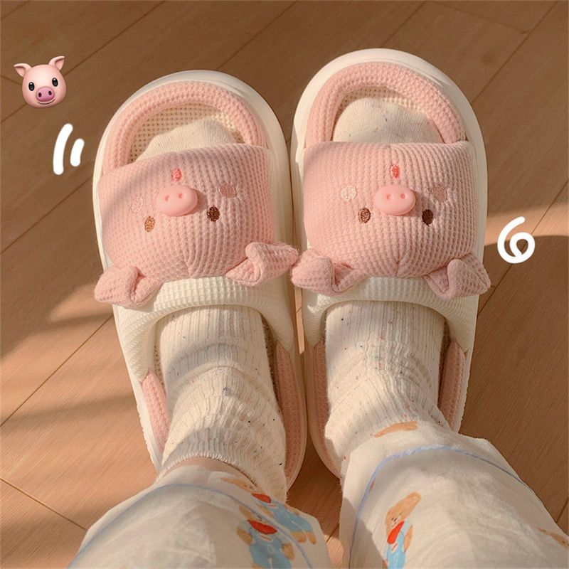 立体ぶたぬいぐるみ ワッフル生地 厚底 滑り止め 通気性 シューズ スリッパ C-310