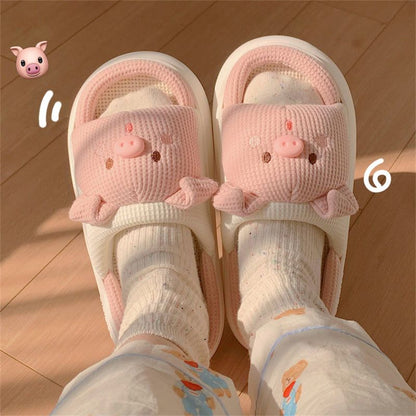 立体ぶたぬいぐるみ ワッフル生地 厚底 滑り止め 通気性 シューズ スリッパ C-310