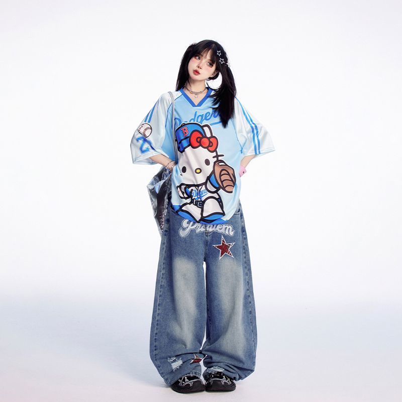 サテン光沢生地 プリント 総柄 ゆったり ルーズ Tシャツ C-50031