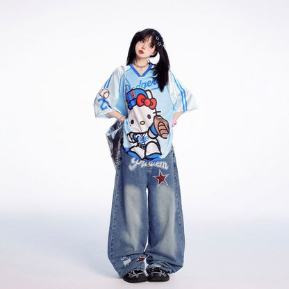 サテン光沢生地 プリント 総柄 ゆったり ルーズ Tシャツ C-50031