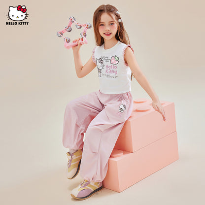 配色 フリル ノースリーブ トップス+カジュアルパンツ セットアップ n-333