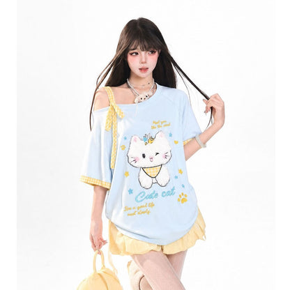 ふわふわ♡ オフショルダー 刺繍 ゆったり リボン Tシャツ C-50030