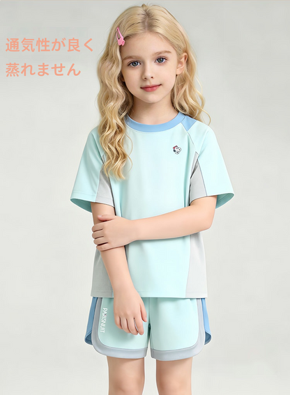 接触冷感 スポーツ 配色 トップス+ショートパンツ セットアップ n-180