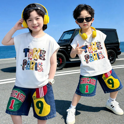 プリント ノースリーブ Tシャツ+ショーツ セットアップ n-169