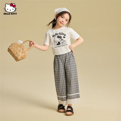かわいい プリント フリル トップス+チェック カジュアルパンツ セットアップ n-339
