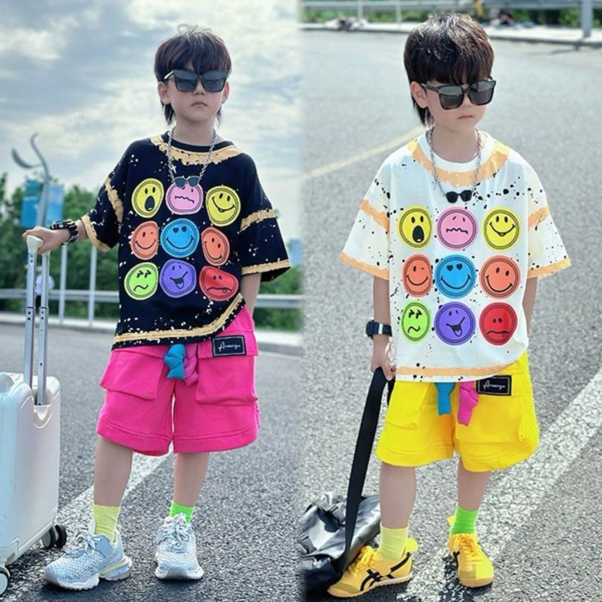個性派 スマイル顔 Tシャツ+五分丈 ショーツ セットアップ n-168