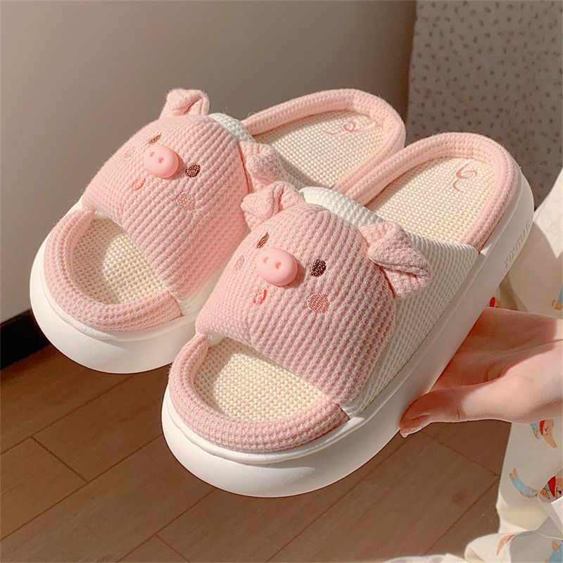 立体ぶたぬいぐるみ ワッフル生地 厚底 滑り止め 通気性 シューズ スリッパ C-310