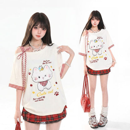 ふわふわ♡ オフショルダー 刺繍 ゆったり リボン Tシャツ C-50030