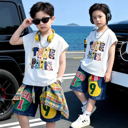 プリント ノースリーブ Tシャツ+ショーツ セットアップ n-169