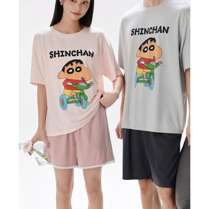 【カップル】プリント ペア 半袖 パジャマ Tシャツ+ハーフパンツ セットアップ C-50008