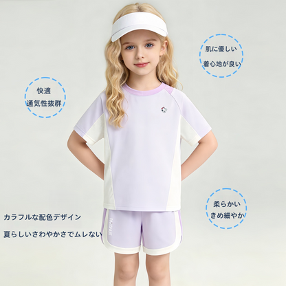 接触冷感 スポーツ 配色 トップス+ショートパンツ セットアップ n-180