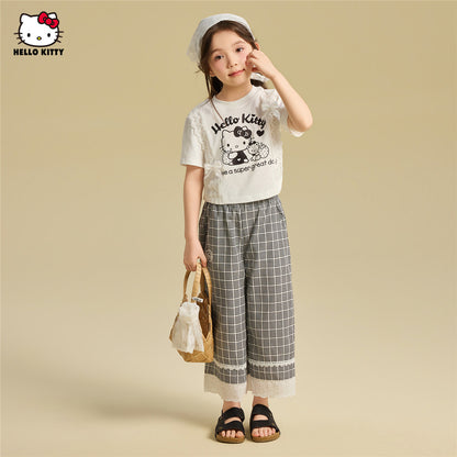かわいい プリント フリル トップス+チェック カジュアルパンツ セットアップ n-339