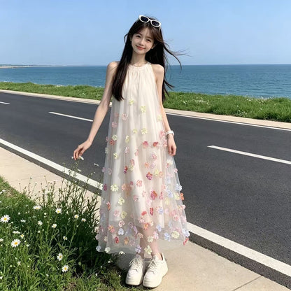 立体花飾り Aライン 子供 マキシワンピース n-137
