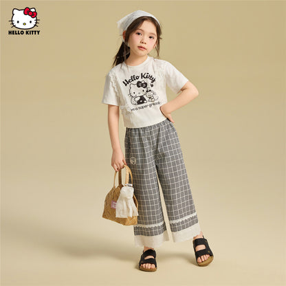 かわいい プリント フリル トップス+チェック カジュアルパンツ セットアップ n-339