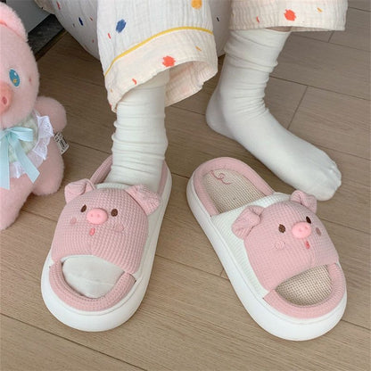 立体ぶたぬいぐるみ ワッフル生地 厚底 滑り止め 通気性 シューズ スリッパ C-310