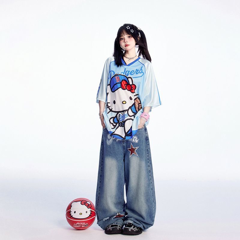 サテン光沢生地 プリント 総柄 ゆったり ルーズ Tシャツ C-50031