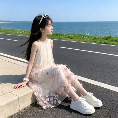 立体花飾り Aライン 子供 マキシワンピース n-137