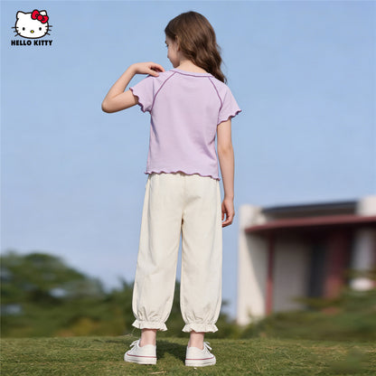 動きやすい 夏用 フリル袖 Tシャツ+ワイドパンツ セットアップ n-314