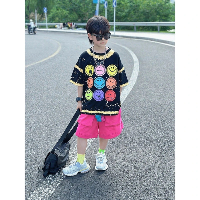 個性派 スマイル顔 Tシャツ+五分丈 ショーツ セットアップ n-168