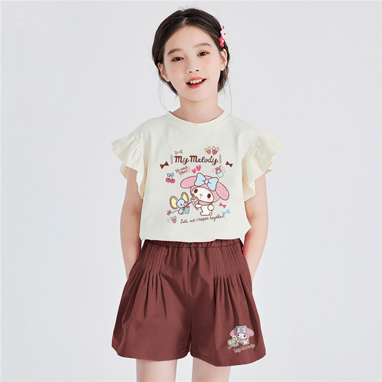 フリル袖 柔らか生地 カジュアル Tシャツ+ショートパンツ セットアップ n-141