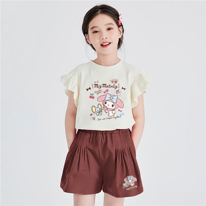 フリル袖 柔らか生地 カジュアル Tシャツ+ショートパンツ セットアップ n-141