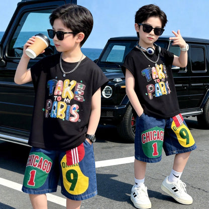プリント ノースリーブ Tシャツ+ショーツ セットアップ n-169