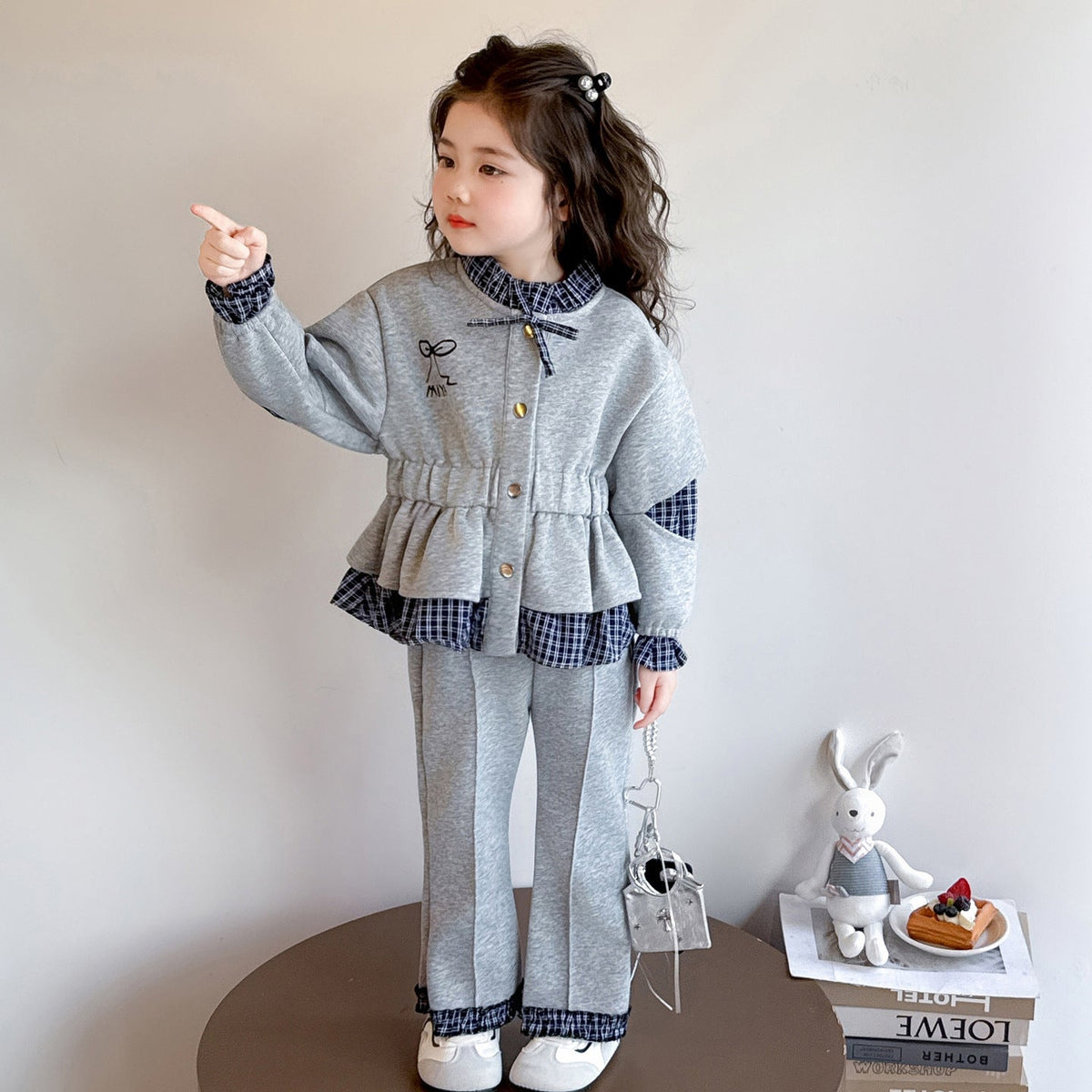 二点セット チェック柄 切り替え リボン飾り トップス + パンツ セットアップ n-468