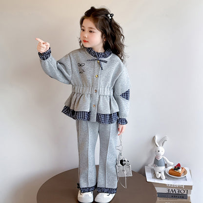 二点セット チェック柄 切り替え リボン飾り トップス + パンツ セットアップ n-468