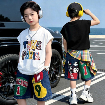 プリント ノースリーブ Tシャツ+ショーツ セットアップ n-169