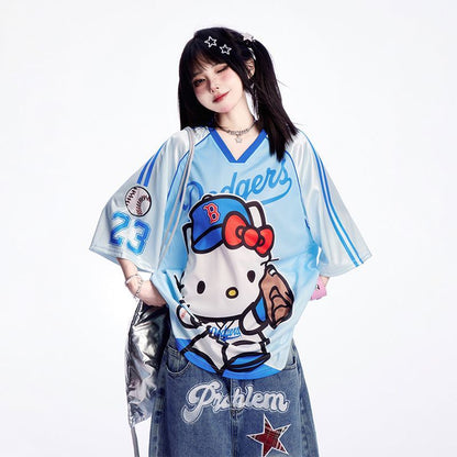 サテン光沢生地 プリント 総柄 ゆったり ルーズ Tシャツ C-50031