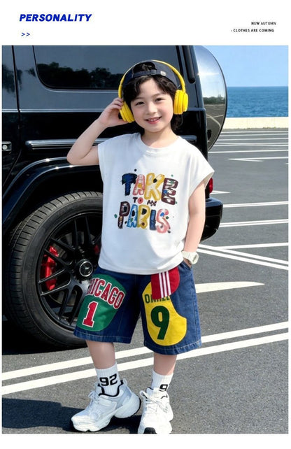 プリント ノースリーブ Tシャツ+ショーツ セットアップ n-169