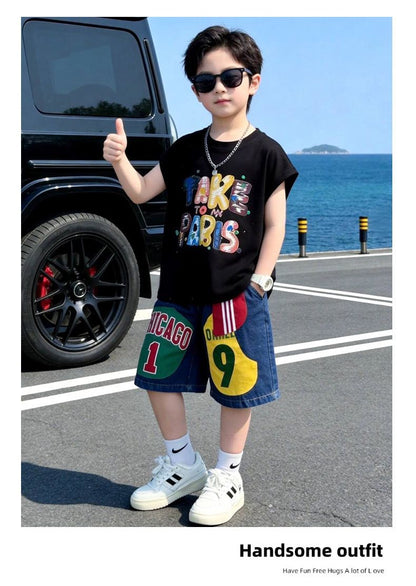 プリント ノースリーブ Tシャツ+ショーツ セットアップ n-169