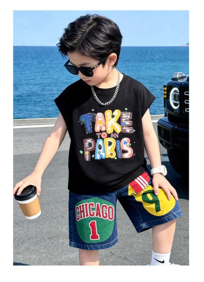 プリント ノースリーブ Tシャツ+ショーツ セットアップ n-169