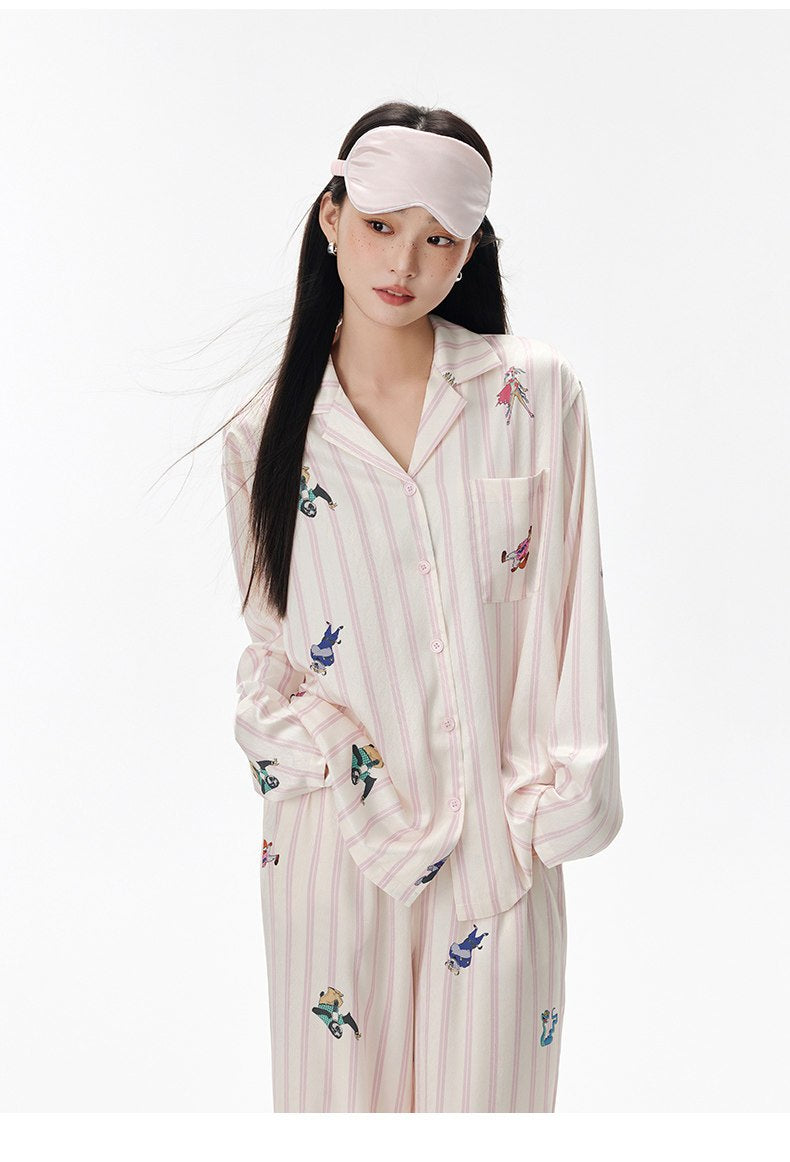大人可愛い ストライプ柄 パジャマ トップス+ロングパンツ セットアップ C-50012