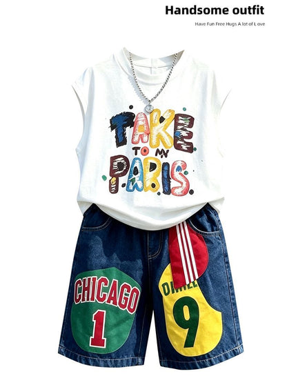 プリント ノースリーブ Tシャツ+ショーツ セットアップ n-169