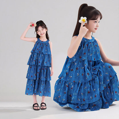 フリル ノースリーブ 花柄 涼しい ケーキワンピース n-164