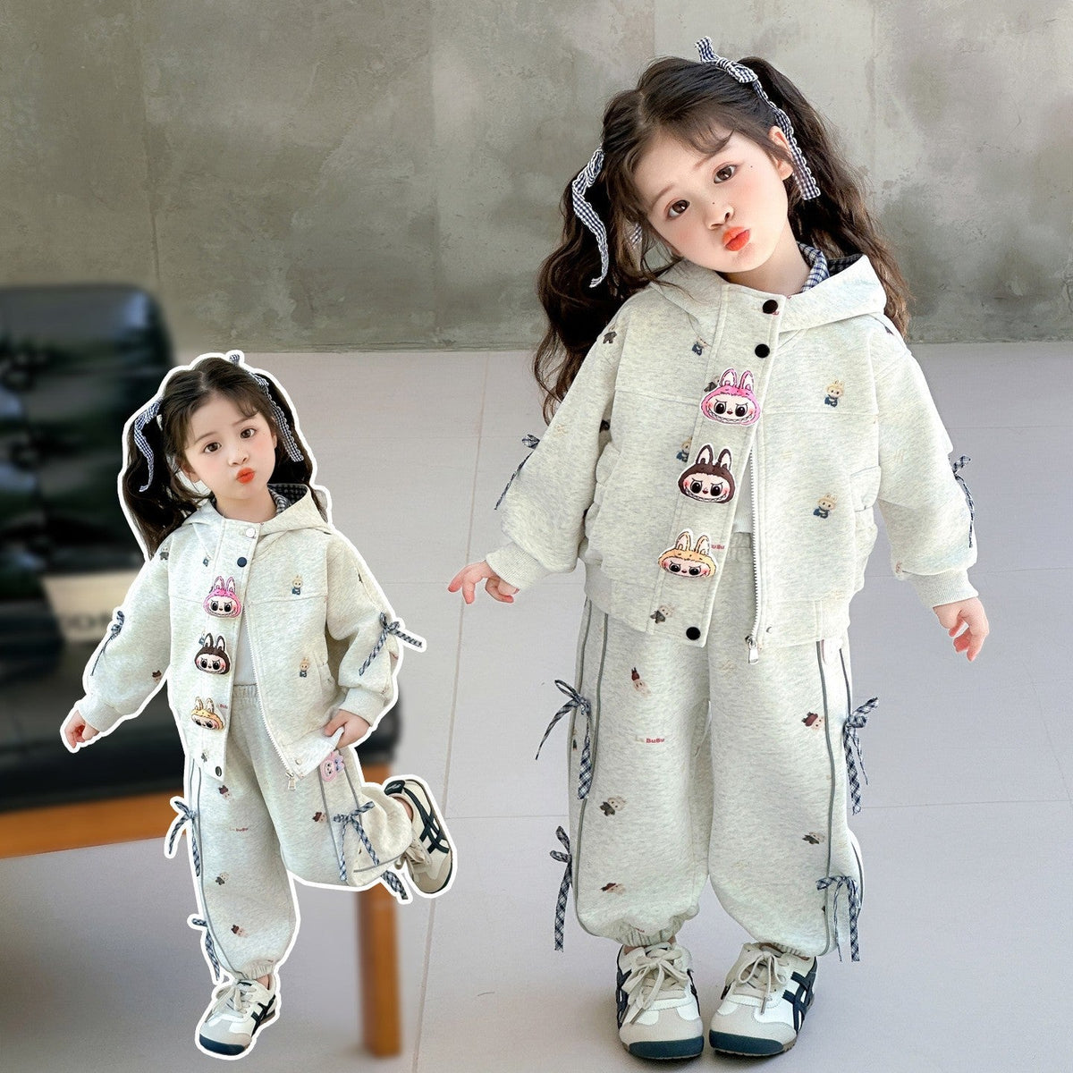 二点セット 秋新作 フード付き トップス + リボン飾り パンツ セットアップ n-467