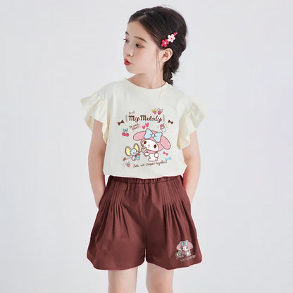 フリル袖 柔らか生地 カジュアル Tシャツ+ショートパンツ セットアップ n-141