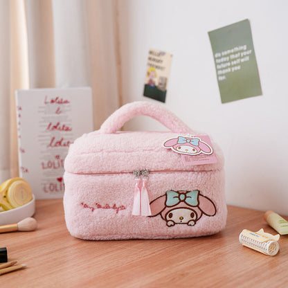 大容量 ふわもこ 刺繍 持ち手付き 化粧ポーチ C-554