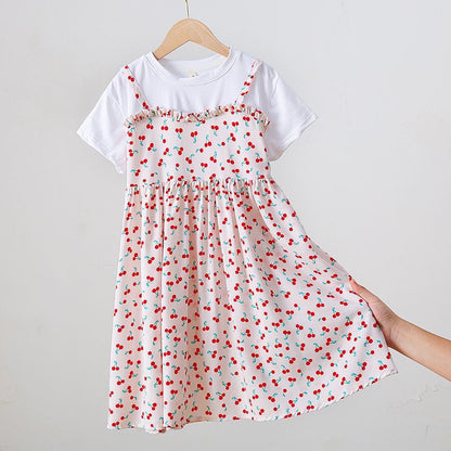 偽二枚 花柄 夏半袖 ゆったり ワンピース n-288
